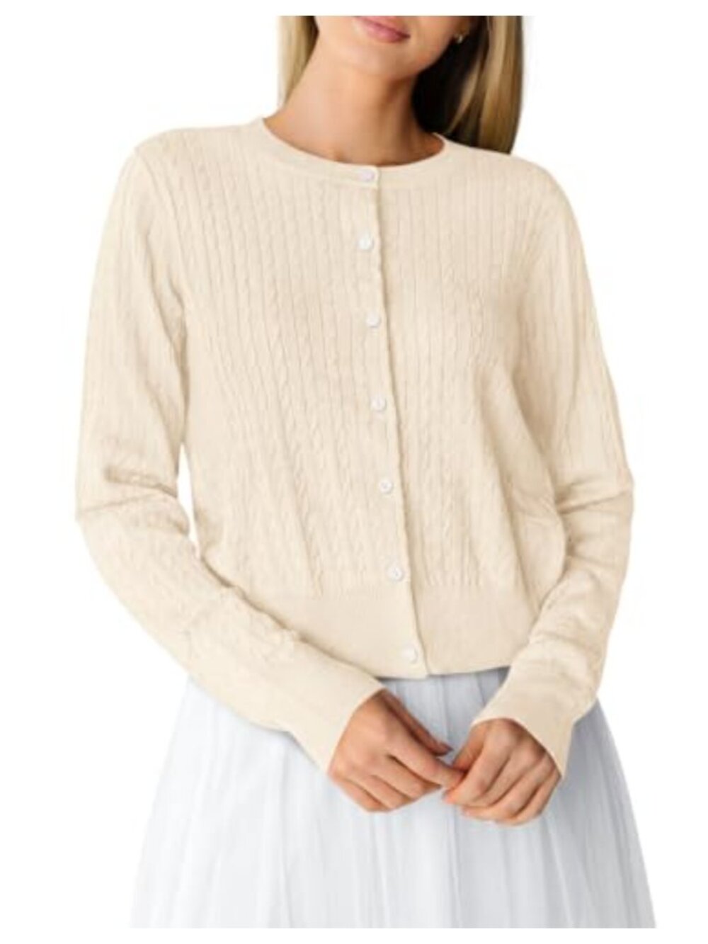 Cable Knit Button Up Cardigan Lightweight Crew Neck Sweater